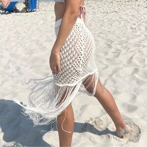 White Fox Boutique White Crochet & Fringes Midi Skirt Cover Up